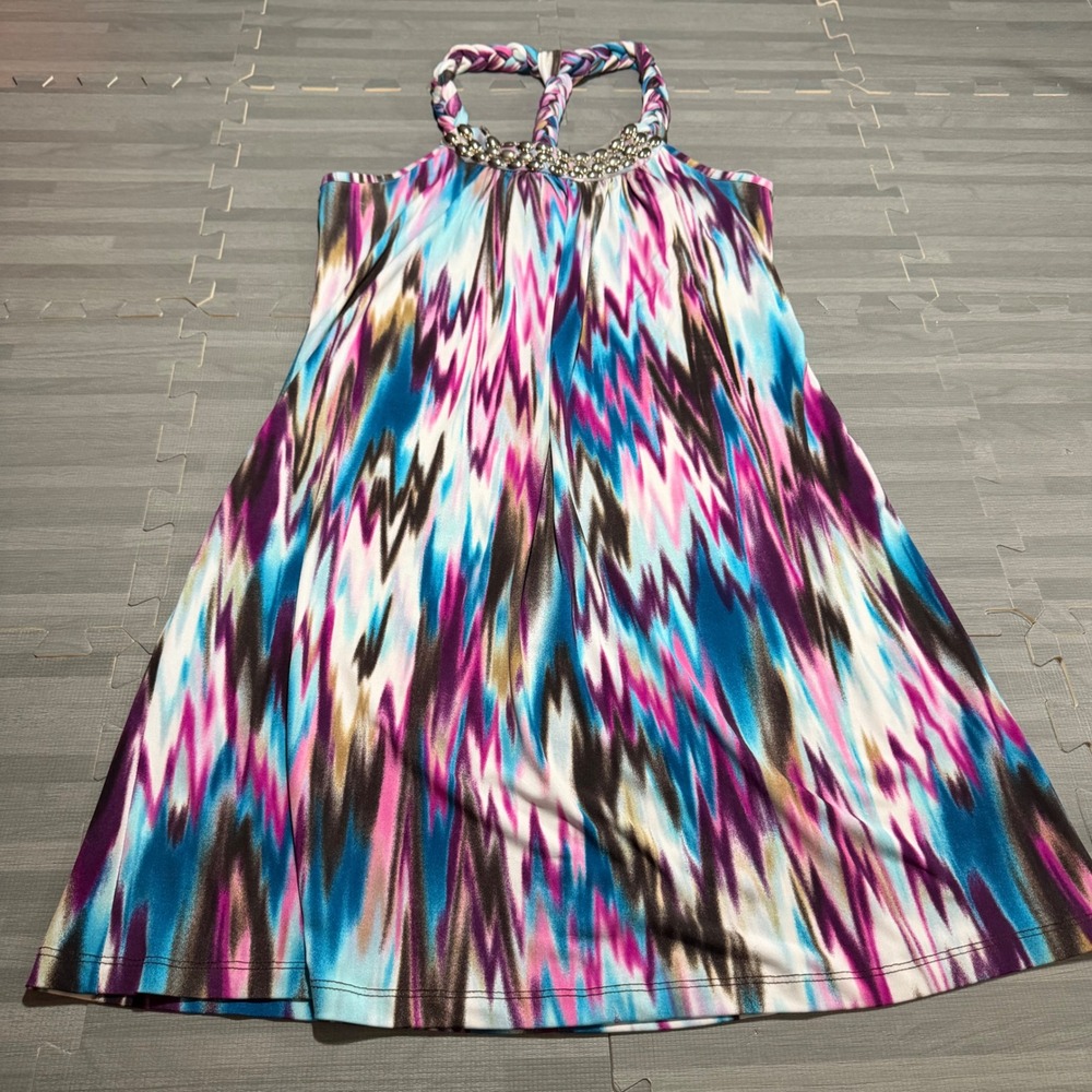 Y2K Size L Zig Zag Beaded Halter Braided T-Back Mini Dress